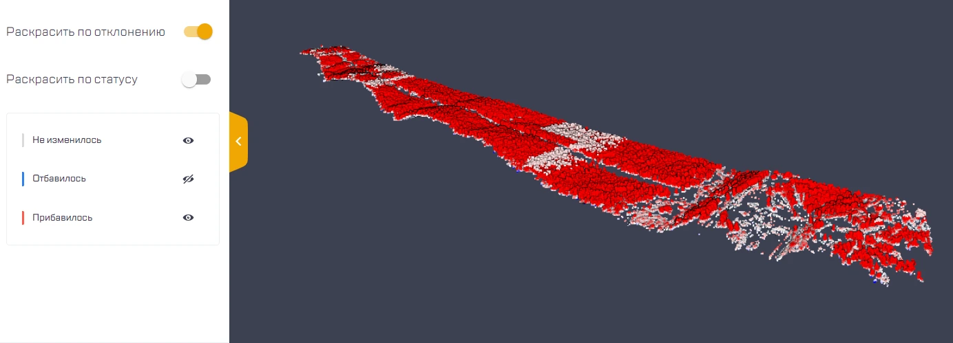 Рисунок 29. Визуализация результата сравнения в раскраске «По отклонению»