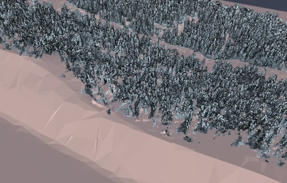 Рисунок 21. Приближение одновременной визуализации проектной поверхности и облака растительного слоя