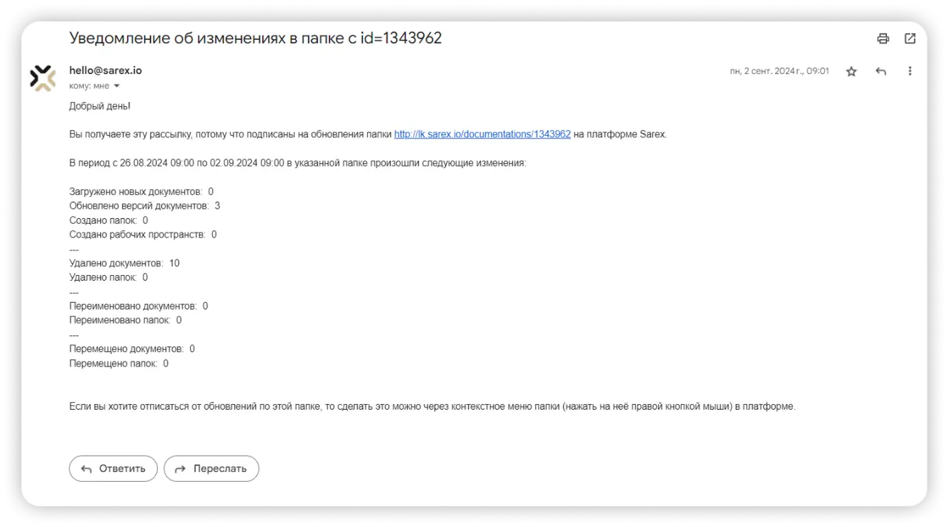 Уведомление об изменениях в папке СОД Sarex