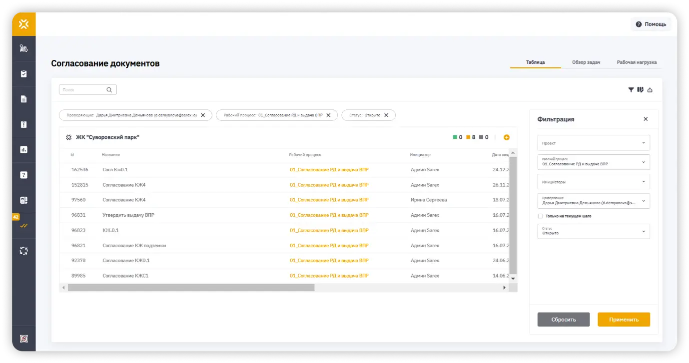 Фильтрация процессов согласований СОД Sarex