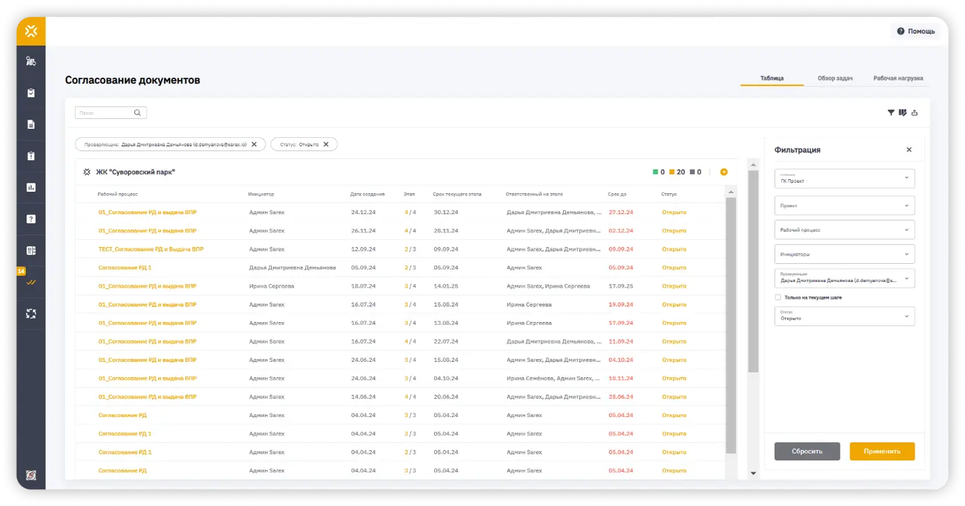 Экспортированный реестр согласований из СОД Sarex