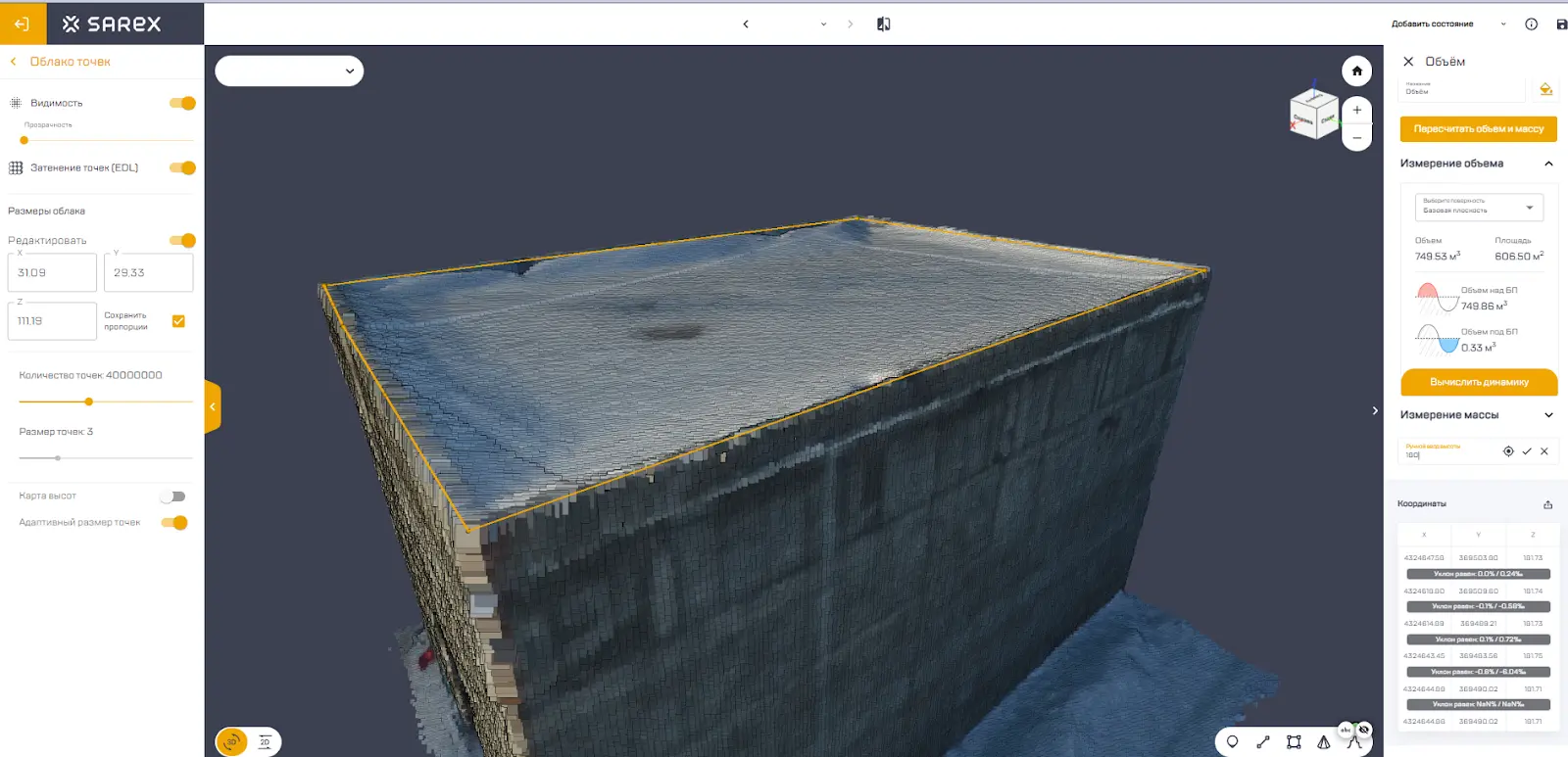 Общий вид установленного измерения по расчету объема